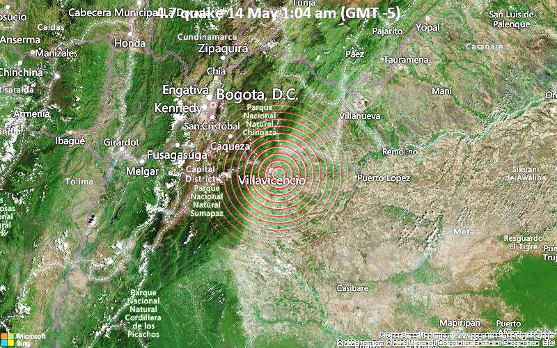 A moderate magnitude 4.8 earthquake strikes near Acacias, Departamento del Meta, Colombia, 2 hours and 55 minutes ago